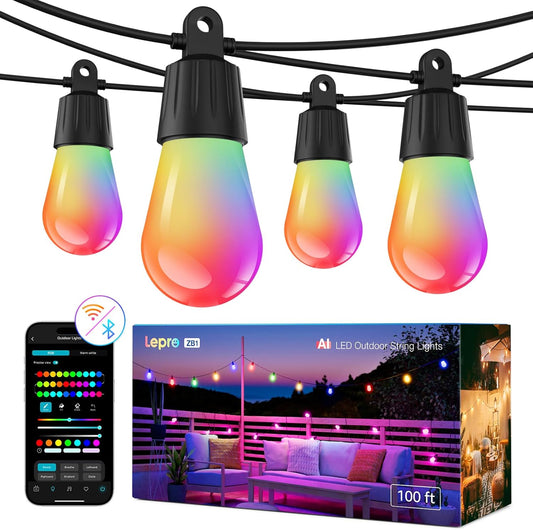 Lepro AI Smart Outdoor String Lights 30m, Festoon Lights Outdoor Waterproof IP65, Warm White & RGB Colour Changing, Personalized AI Lighting Designer, Works with Alexa & Google, 2.4G WiFi