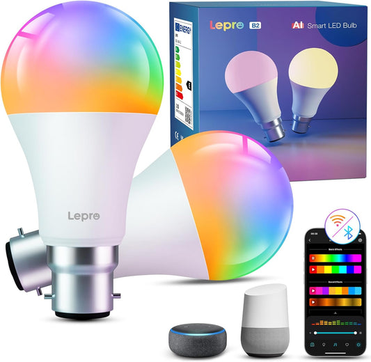 Lepro B2 AI Smart Bulb Bayonet, 1100lm WiFi Bulb B22, Music Sync Colour Changing Light Bulbs, Voice Control, AI Lighting Design Assistant, Works with Alexa & Google Assistant, RGB Dimmable,2 Packs