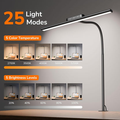 Lepro LED Desk Lamp with Clamp, Eye-Caring Desk Light, 700lm, 5 Brightness Levels & 5 Colour Modes, Flexible Office Lamp for Monitor, Reading, Crafts, Nails, School, Adapter Included, Black [Energy Class F]