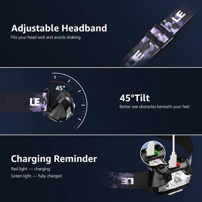LE Head Torch Rechargeable, [2 Pack] Super Bright LED Headlamp Waterproof with 5 Lighting Modes, 30 Hours Runtime, Red Warning Lights, Lightweight Headlight for Running
