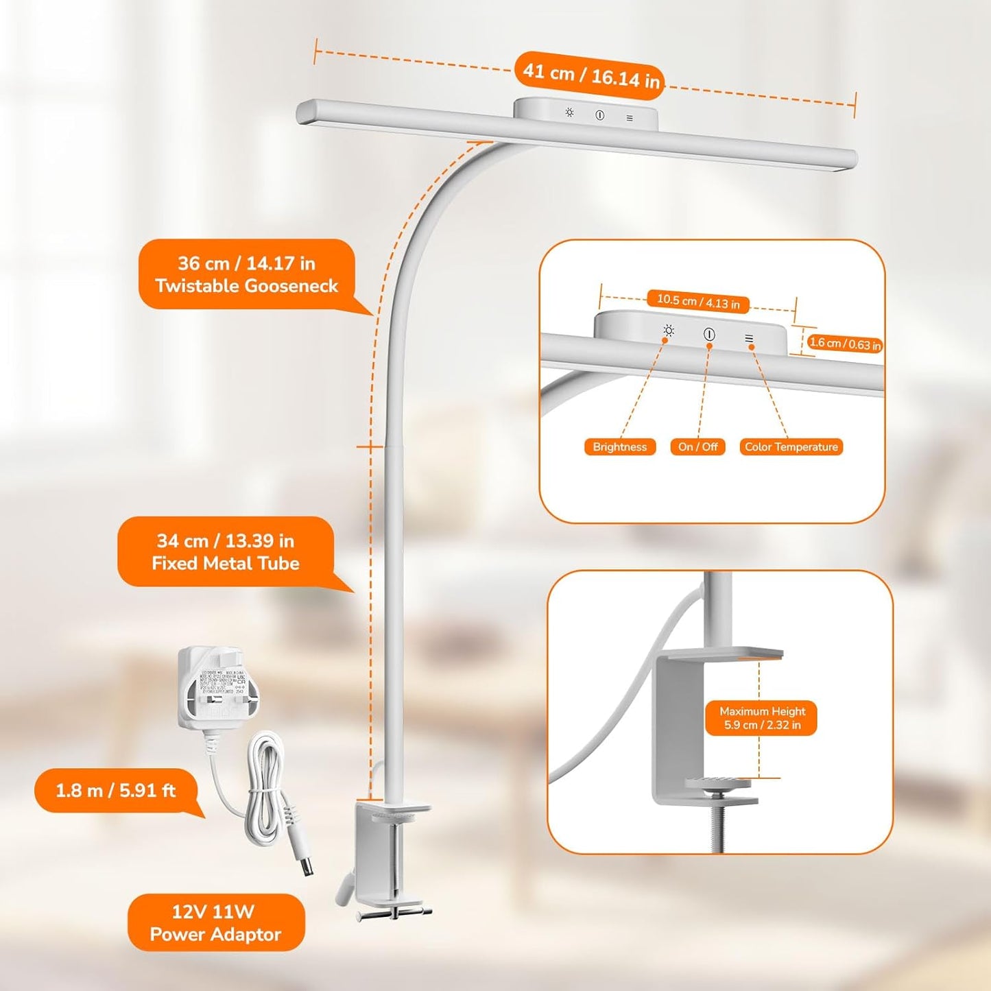 Lepro LED Desk Lamp with Clamp, Eye-Caring Desk Light, 750lm, 5 Brightness Levels & 5 Colour Modes, Flexible Office Lamp for Monitor, Reading, Crafts, Nails, School, Adapter Included, White [Energy Class F]
