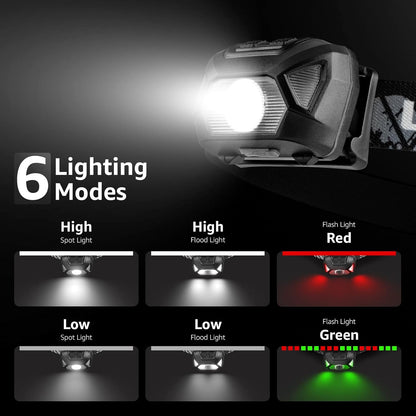Lepro Head Torch Rechargeable, 2000L Waterproof LED Headlamp with Red Warning Lights, 6 Lighting Modes, Long Runtime, Lightweight Headlight for Kids & Adults for Running Fishing Camping
