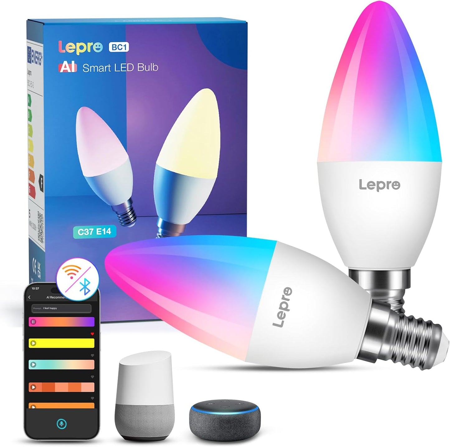 Lepro BC1 AI Smart Bulb E14, Music Sync Bluetooth & WiFi Bulb, Voice Control Small Screw Bulb, AI Lighting Design Assistant, Color Changing Candle Bulb, Work with Alexa & Google Assistant, 2 Packs