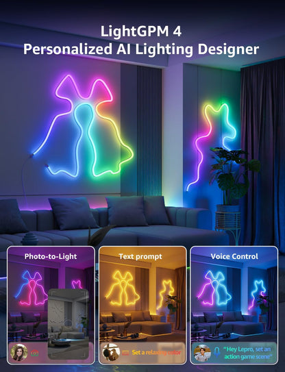 Lepro N1 AI Smart Rainbow Neon Light Strip 3M, 96 LEDs/M, Work with Alexa, Google Home, Music Sync, AI Lighting Design Assistant, IP65 Rope Light, MagicColor LED Light, App & Voice Control, No Remote