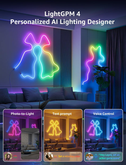 Lepro N1 AI Smart Rainbow Neon Light Strip 3M, 96 LEDs/M, Work with Alexa, Google Home, Music Sync, AI Lighting Design Assistant, IP65 Rope Light, MagicColor LED Light, App & Voice Control, No Remote