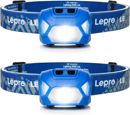 Lepro Head Torch, [2 Pack] Super Bright LED Headlamp with 6 Lighting Modes, Waterproof, Battery Powered LED Lightweight Headlight for Cycling Running Camping for Kids Adults [Not Included Battery]