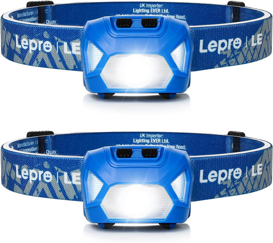 Lepro Head Torch, [2 Pack] Super Bright LED Headlamp with 6 Lighting Modes, Waterproof, Battery Powered LED Lightweight Headlight for Cycling Running Camping for Kids Adults [Not Included Battery]