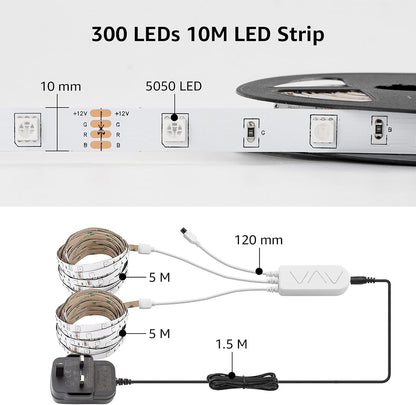 Lepro LED Strip Lights Music Sync 10M (2x5M), 5050 RGB Colour Changing LED Strip with Remote and Plug, Dimmable Stick on LED Lights for Bedroom, Kitchen, Party, Teen Girl Kids Room Decor