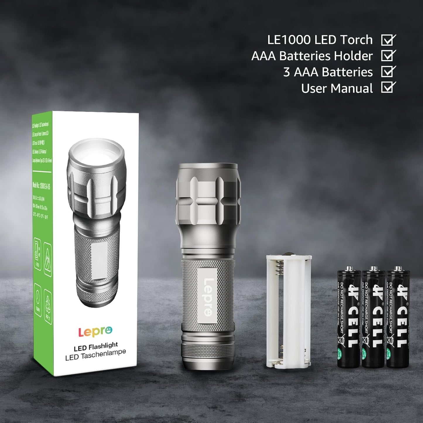 Lepro LE LED Torch Battery Powered, LE1000 Hand Flashlight, Adjustable Focus, Water Resistant, Lightweight, for Power Cut, Camping, Dog Walking, Easy to Use Small Torch, Gift for Kids Men Dad, 2 Packs
