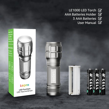 Lepro LE LED Torch Battery Powered, LE1000 Hand Flashlight, Adjustable Focus, Water Resistant, Lightweight, for Power Cut, Camping, Dog Walking, Easy to Use Small Torch, Gift for Kids Men Dad, 2 Packs
