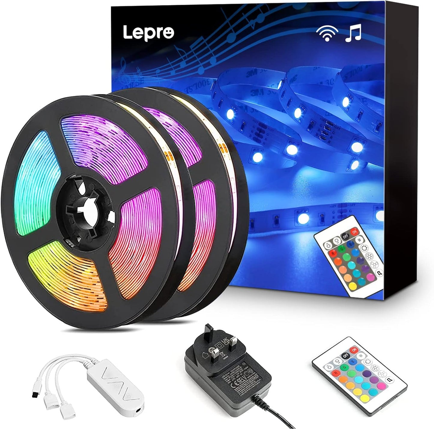 Lepro LED Strip Lights Music Sync 10M (2x5M), 5050 RGB Colour Changing LED Strip with Remote and Plug, Dimmable Stick on LED Lights for Bedroom, Kitchen, Party, Teen Girl Kids Room Decor