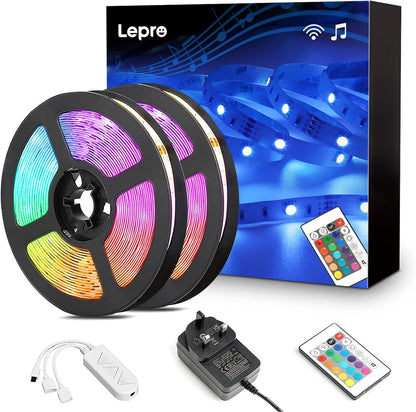 Lepro LED Strip Lights Music Sync 10M (2x5M), 5050 RGB Colour Changing LED Strip with Remote and Plug, Dimmable Stick on LED Lights for Bedroom, Kitchen, Party, Teen Girl Kids Room Decor