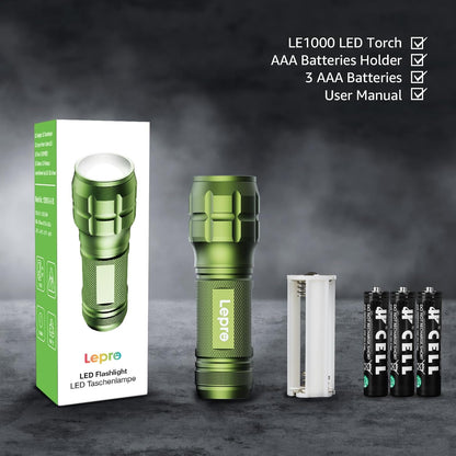 LE LED Torch Battery Powered, LE1000 Bright Hand Flashlight, Adjustable Focus, Water Resistant, Lightweight, for Power Cut, Camping, Dog Walking, Easy to Use Small Torch, Gift for Kids Men Dad Him