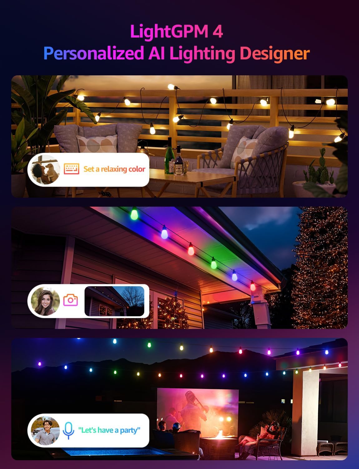 Lepro AI Smart Outdoor String Lights 15m, Festoon Lights Outdoor Waterproof IP65, Warm White & RGB Colour Changing, Personalized AI Lighting Designer, Works with Alexa & Google, 2.4G WiFi