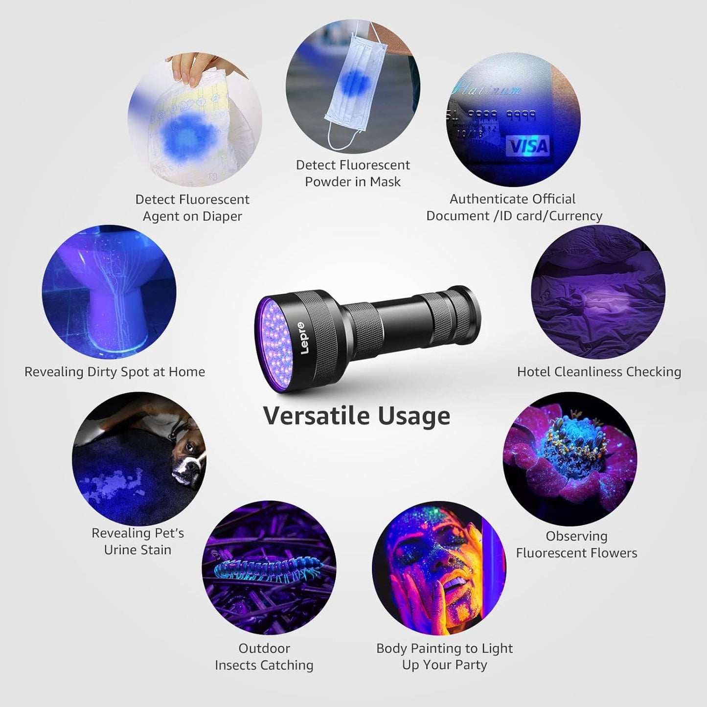 Lepro UV Torch, 51 LED UV Light Torch, 395nm Ultraviolet Flashlight, Blacklight Detector for Pet Urine, Stain, Bed Bugs, Banknote and More