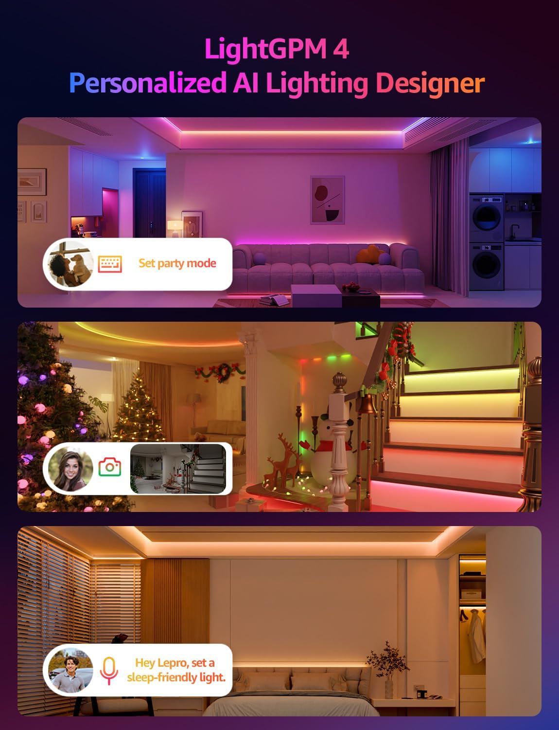 Lepro S2 AI Smart LED Strip Light 5M RGBW+IC, Works with Alexa, Google Assistant, Music Sync, 1200LM White Light, Personalized AI Lighting Designer, Zonal Colour Control LED Lights, App Voice Control