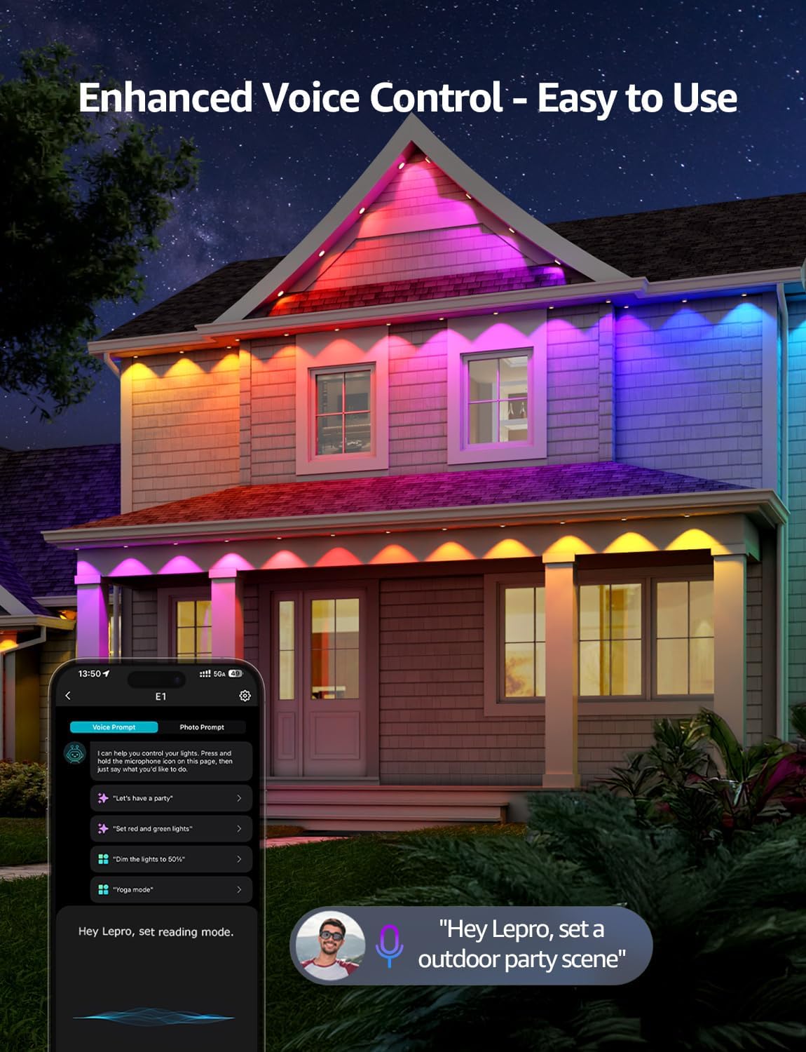 Lepro E1 AI Permanent Outdoor Lights, Smart Outdoor Lights Waterproof, Tunable White, AI Lighting Design Assistant, Colour Changing Eaves Lights, Works with Alexa, 2.4G WiFi & Bluetooth, No Remote