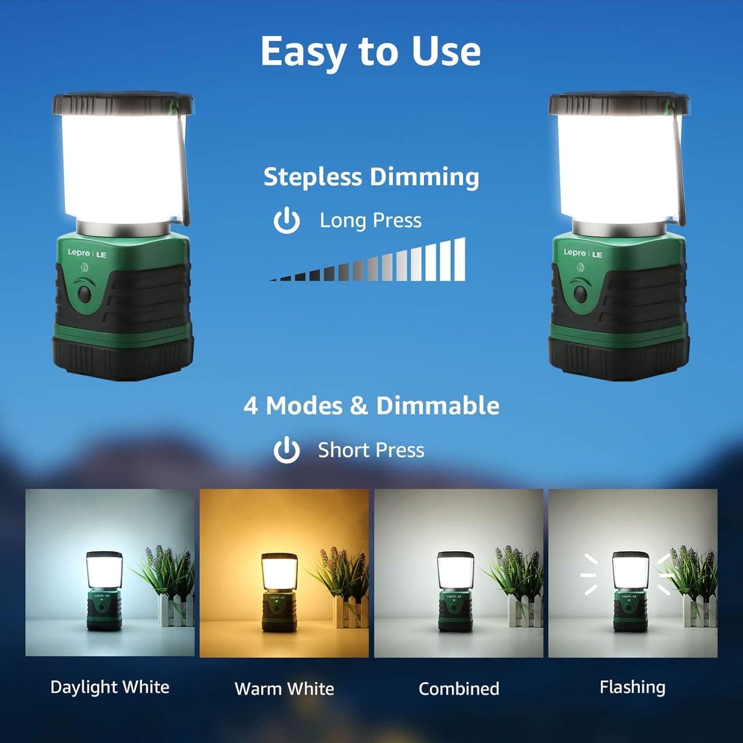 LE Camping Lights Rechargeable, 1000 Lumen Camping Lantern, Dimmable 4 Modes Camping Tent Light with 4400mAh Power Bank, Camping Accessories, Rechargeable Lantern for Outdoors, Power Cuts, Pack of 2