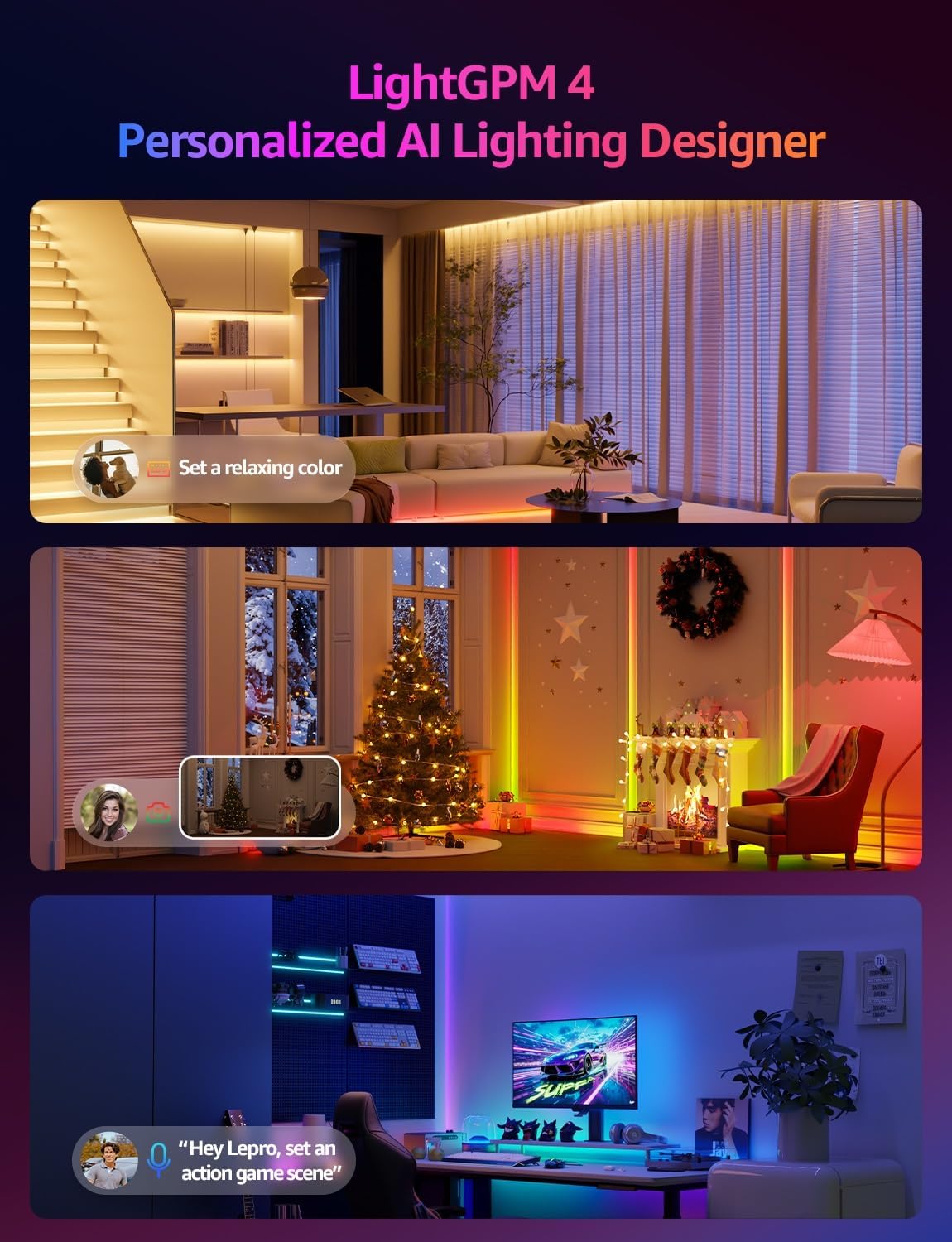 Lepro S1 AI Smart Rainbow LED Strip Light 15M one roll, App & Voice Control, Works with Alexa & Google Home, 30 LEDs/M, Music Sync, AI Lighting Design Assistant, MagicColor LED Lights for Bedroom