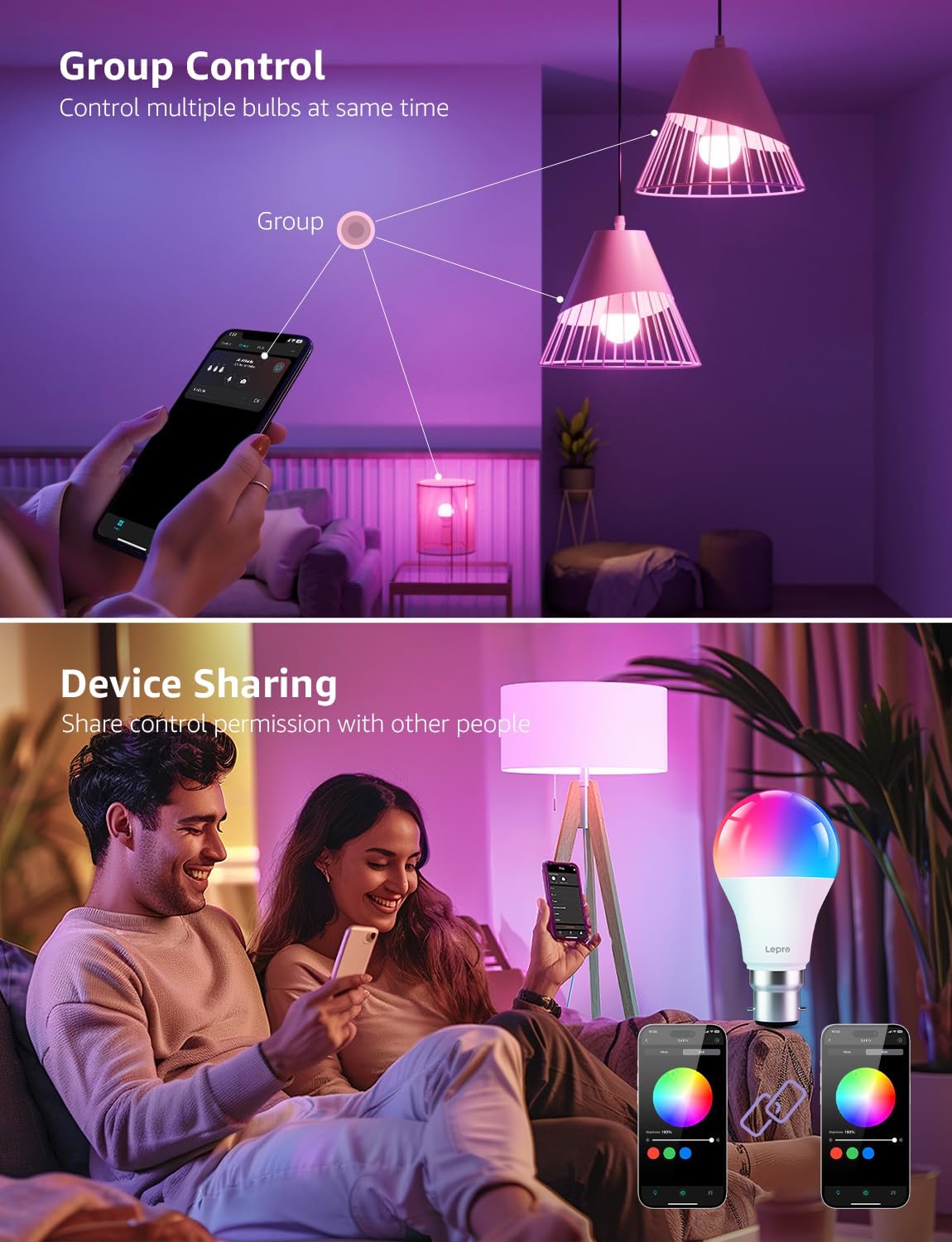 Lepro B2 AI Smart Bulb Bayonet, 10w 1100lm WiFi Bulb B22, Music Sync Colour Changing Light Bulbs, Voice Control, AI Lighting Design Assistant, Works with Alexa & Google Assistant, RGB Dimmable,2 Packs