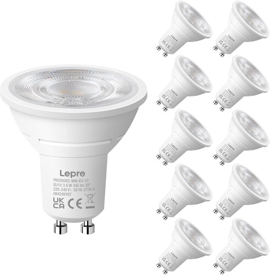 Lepro GU10 LED Bulbs, Warm White 2700K, 4W 345lm Energy Saving Light Bulbs, 50W GU10 Halogen Spotlight Bulbs Equivalent, 38° Narrow Beam, No Flickering, Non-dimmable, Pack of 10