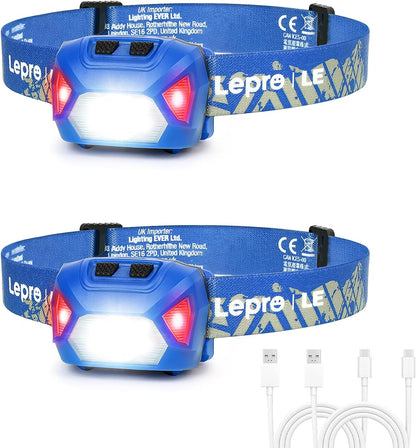 Lepro Head Torch Rechargeable, [2 Pack] 2000L Waterproof LED Headlamp with Red Warning Lights, 6 Lighting Modes, Long Runtime, Lightweight Headlight for Kids & Adults for Running Fishing Camping