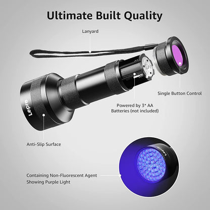 Lepro UV Torch, 51 LED UV Light Torch, 395nm Ultraviolet Flashlight, Blacklight Detector for Pet Urine, Stain, Bed Bugs, Banknote and More