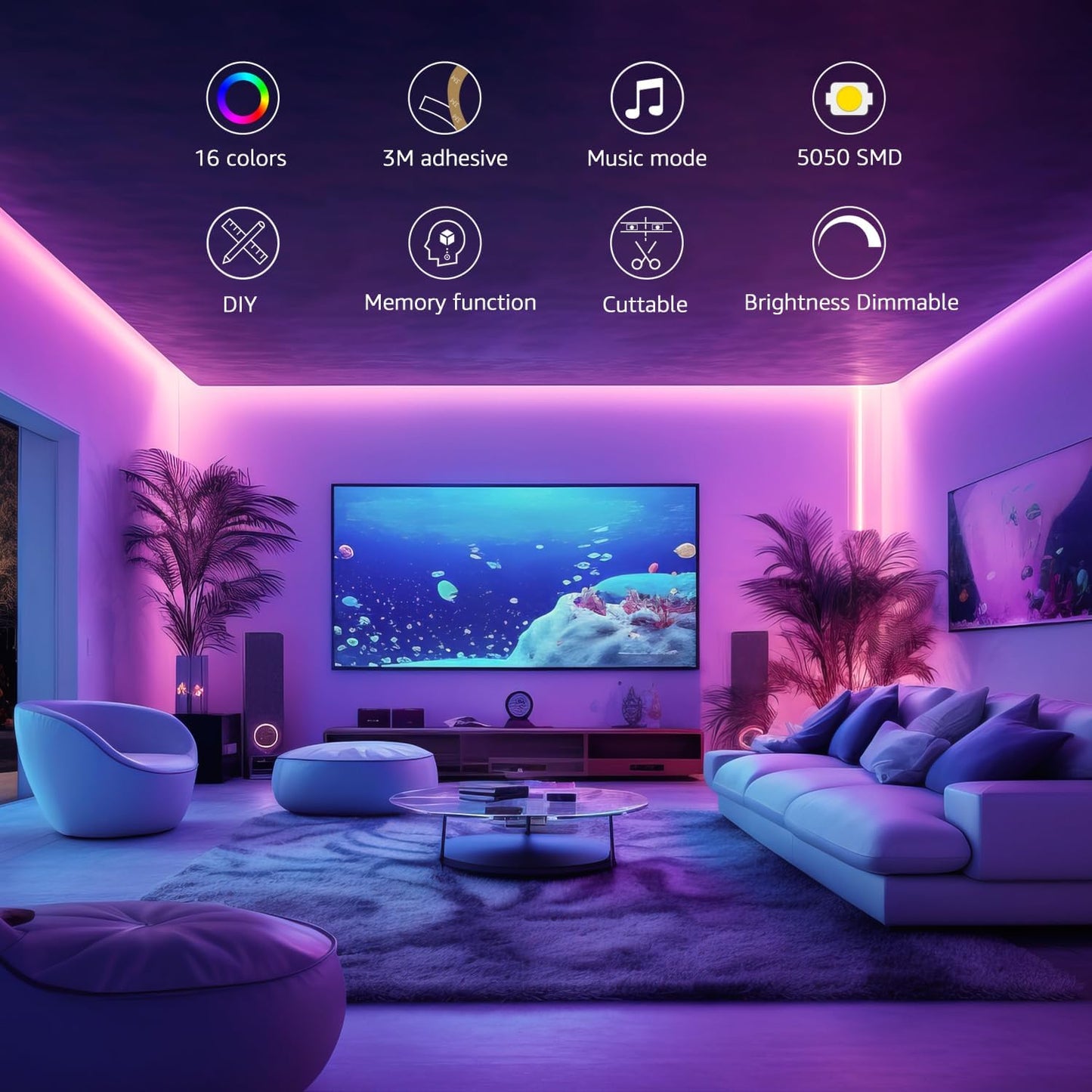 Lepro LED Strip Lights Music Sync 10M (2x5M), 5050 RGB Colour Changing LED Strip with Remote and Plug, Dimmable Stick on LED Lights for Bedroom, Kitchen, Party, Teen Girl Kids Room Decor