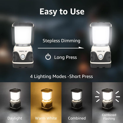 LE Camping Lantern, 1000 Lumen Camping Lights Battery Powered, Dimmable Warm White and Daylight Modes, Battery Lantern for Power Cuts, Emergency Lighting, Suit for Hiking, Fishing, Tents, etc.