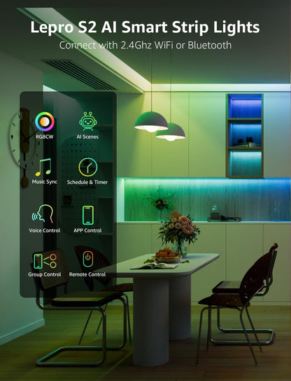 Lepro S2 AI Smart LED Strip Light 10M RGBW+IC, Works with Alexa, Google Assistant, Music Sync, 2400LM White Light, Personalized AI Lighting Designer, Zonal Colour Control LED Lights, App Voice Control