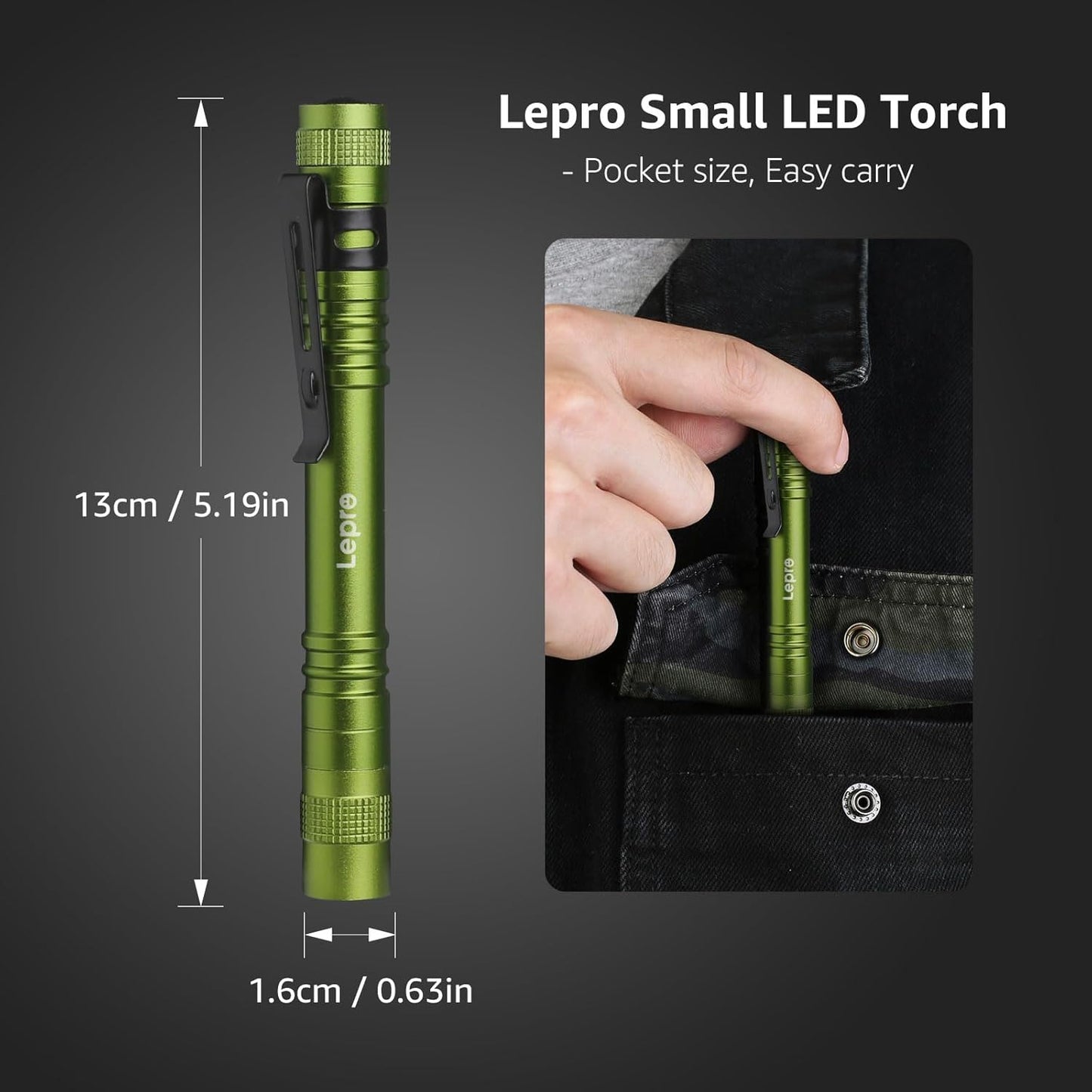 Lepro LED Torch Battery Powered, 2 Pack Pen Torch with Clip - Small Flightlight, 3 Modes, IP44 Waterproof for Camping, Emergencies, Repairs, Dog Walking, Power Cuts (Batteries Included), Green [Energy Class A]
