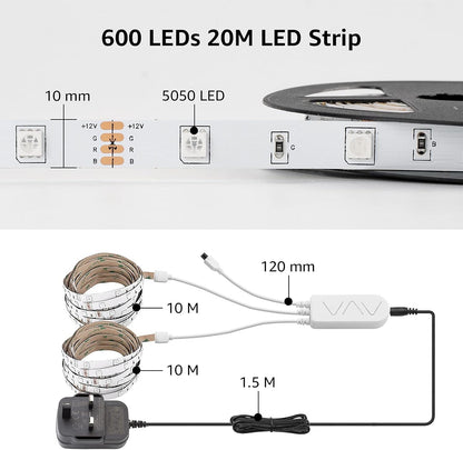 Lepro LED Strip Lights Music Sync 20M (2x10M), 5050 RGB Colour Changing LED Strip with Remote and Plug, Dimmable Stick on LED Lights for Bedroom, Kitchen, Party, Teen Girl Kids Room Decor