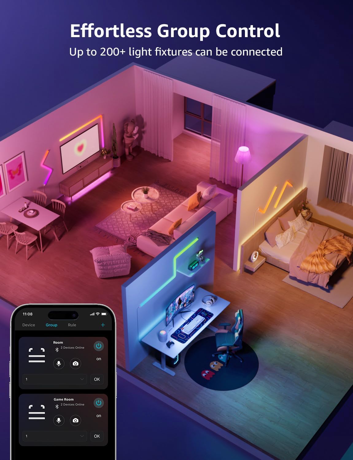 Lepro WL1 AI Smart Wall Light, Music Sync LED Light Bar, Voice Control, Segmented DIY, AI Lighting Design Assistant, for Home Decor, Gaming Setup, Work with Alexa,Google Assistant,8 Pcs with 4 Corners