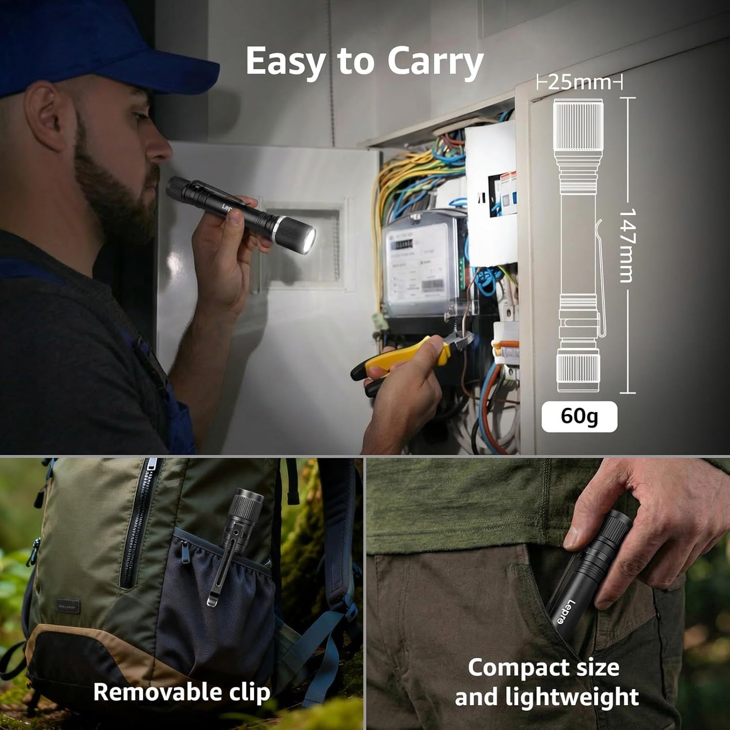 Lepro Torch Battery Powered, Small Bright LED Flashlight with Clip, 3 Modes, IPX4 Waterproof, Anti-Slip Aluminum Body for Camping, Emergency, Dog Walking and Power Cut, Batteries Included [Energy Class A+]