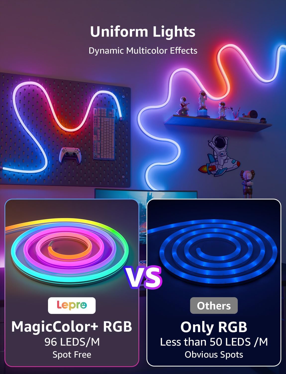 Lepro N1 AI Smart Rainbow Neon Light Strip 6M, 96 LEDs/M, Work with Alexa, Google Home, Music Sync, AI Lighting Design Assistant, IP65 Rope Light, MagicColor LED Light, App & Voice Control, No Remote