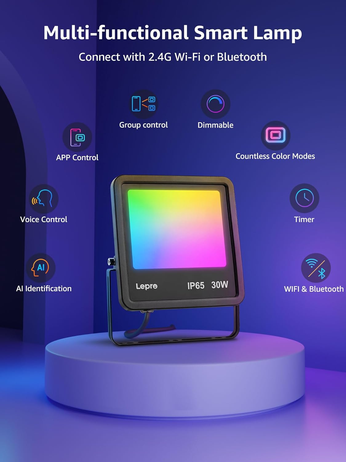 Lepro Led Flood Light Outdoor 30w, Colour Changing Floodlight App Control, 16M Colors DIY, LightGPM AI Mode, Music Sync, Voice Control with Alexa&Google, Timer, IP65 Waterproof for Outdoor Decoration