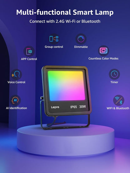 Lepro Led Flood Light Outdoor 30w, Colour Changing Floodlight App Control, 16M Colors DIY, LightGPM AI Mode, Music Sync, Voice Control with Alexa&Google, Timer, IP65 Waterproof for Outdoor Decoration