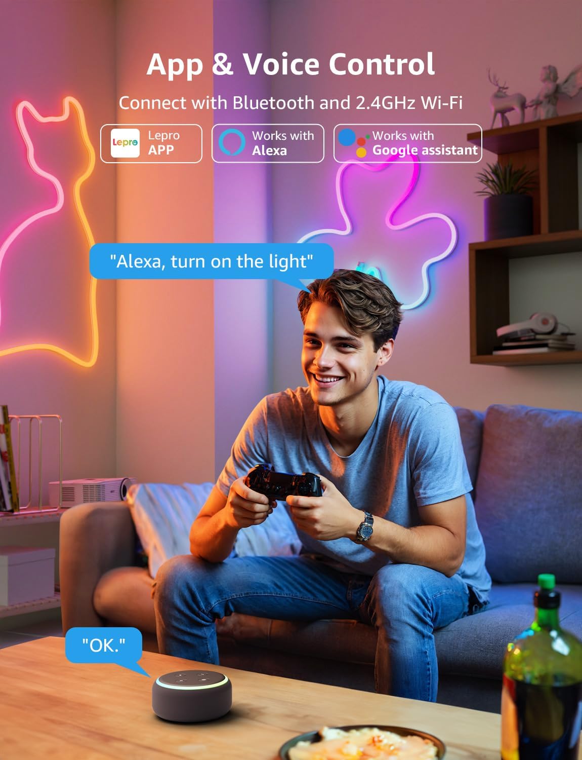 Lepro N1 AI Smart Rainbow Neon Light Strip 3M, 96 LEDs/M, Work with Alexa, Google Home, Music Sync, AI Lighting Design Assistant, IP65 Rope Light, MagicColor LED Light, App & Voice Control, No Remote