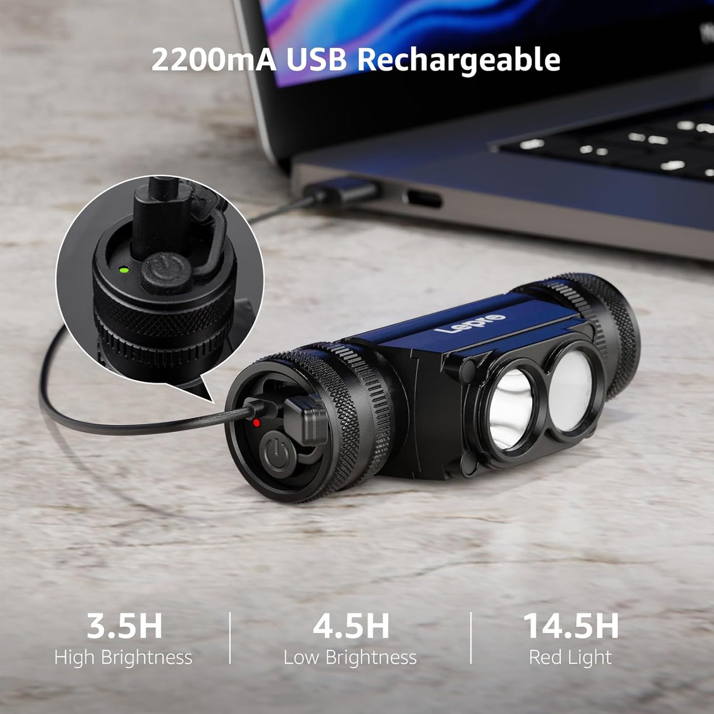 Lepro Head Torch Rechargeable, 2 in 1 Detachable Lightweight Headlamp with IP65 Waterproof, 180° Adjustable, 6 Lighting Modes, Long Runtime, Red Lights, Al Alloy LED Headlight for Camping