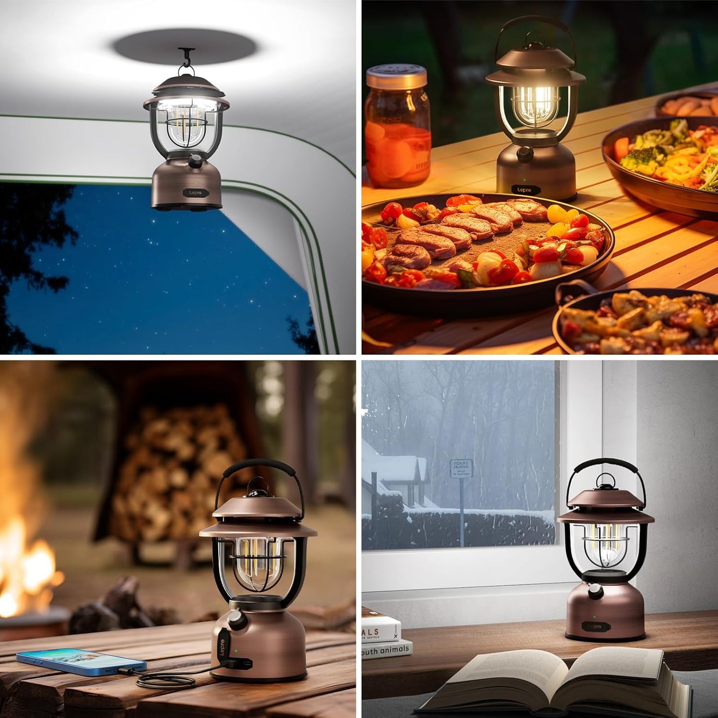 Lepro Retro Camping Lantern, Rechargeable Camping Light with 15000mAh Power Bank, Dimmable 1000 Lumen, Long Battery Life, Rechargeable Lantern for Camping Tent, Power Cuts, Storm, Type C Cable