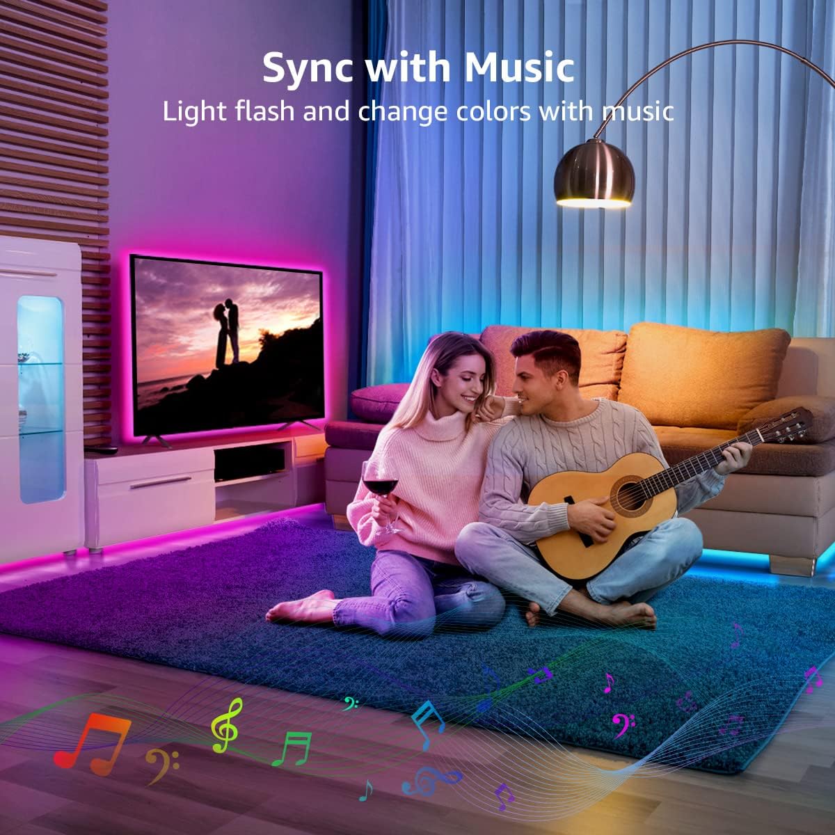 Lepro LED Strip Lights Music Sync 10M (2x5M), 5050 RGB Colour Changing LED Strip with Remote and Plug, Dimmable Stick on LED Lights for Bedroom, Kitchen, Party, Teen Girl Kids Room Decor