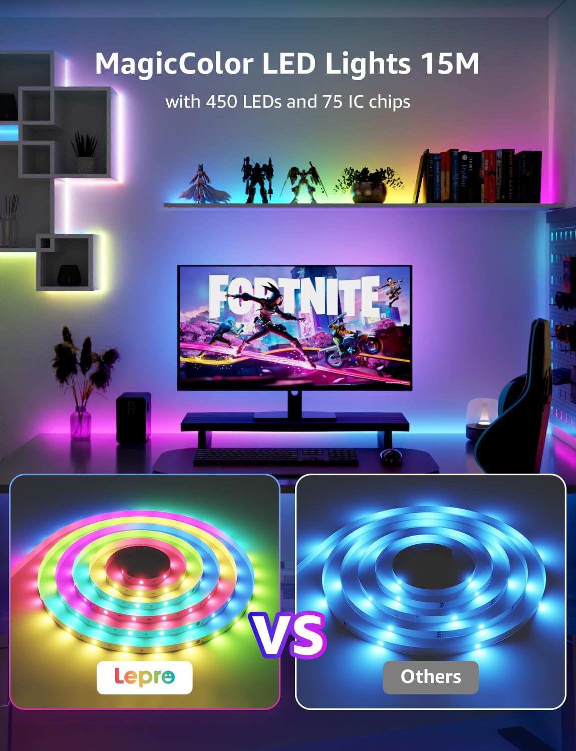 Lepro S1 AI Smart Rainbow LED Strip Light 15M one roll, App & Voice Control, Works with Alexa & Google Home, 30 LEDs/M, Music Sync, AI Lighting Design Assistant, MagicColor LED Lights for Bedroom