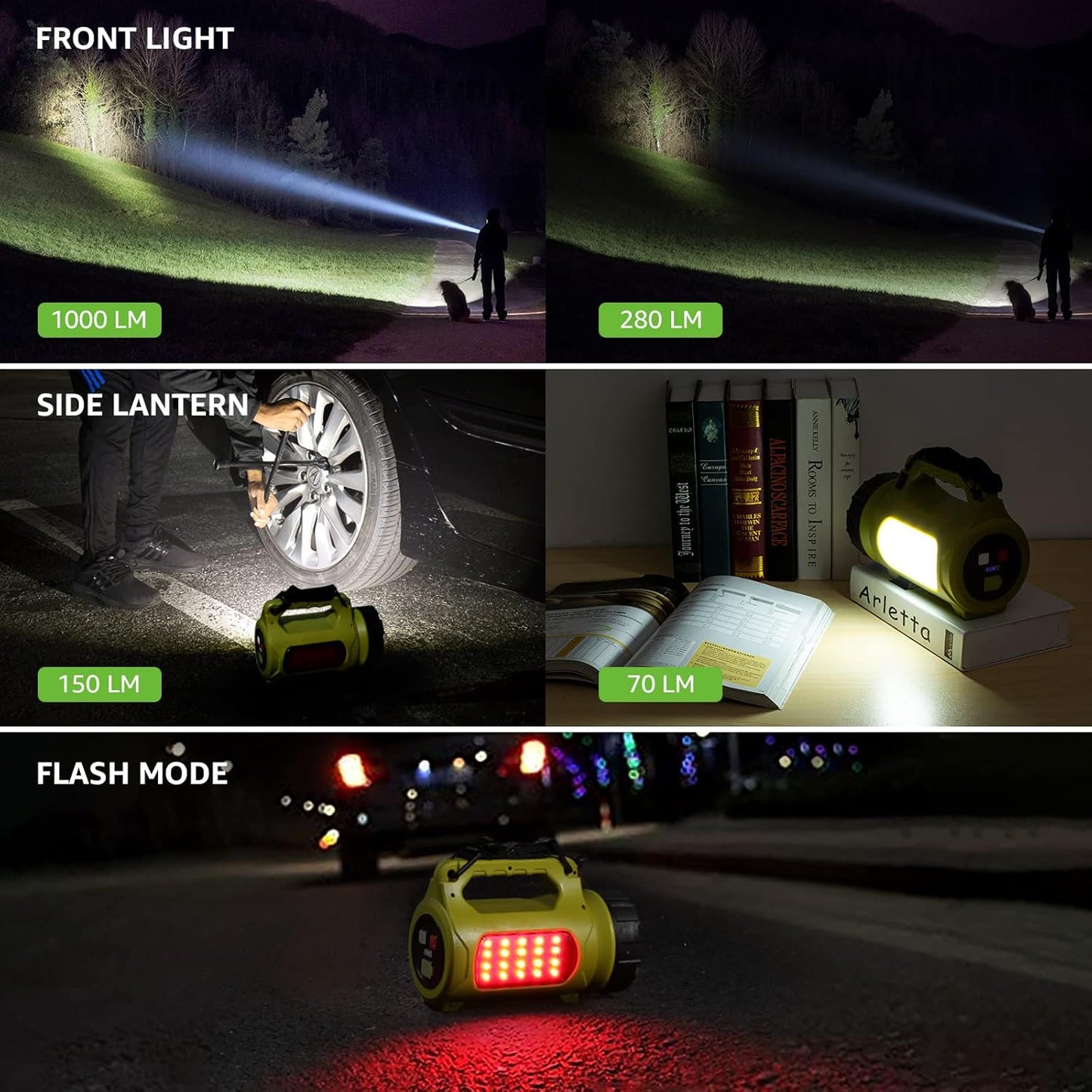 LE Rechargeable Camping Lantern, 1000 Lumen Bright LED Torch Rechargeable, 5 Modes Outdoor Searchlight with 3600mAh Power Bank, Portable Work Light for Hiking, Fishing, Power Cuts, Emergency and More
