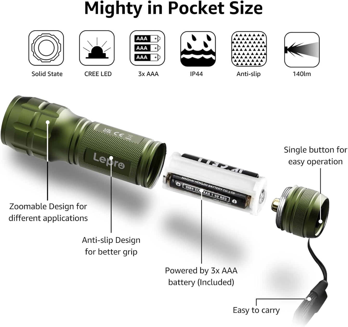 LE LED Torch Battery Powered, LE1000 Bright Hand Flashlight, Adjustable Focus, Water Resistant, Lightweight, for Power Cut, Camping, Dog Walking, Easy to Use Small Torch, Gift for Kids Men Dad Him