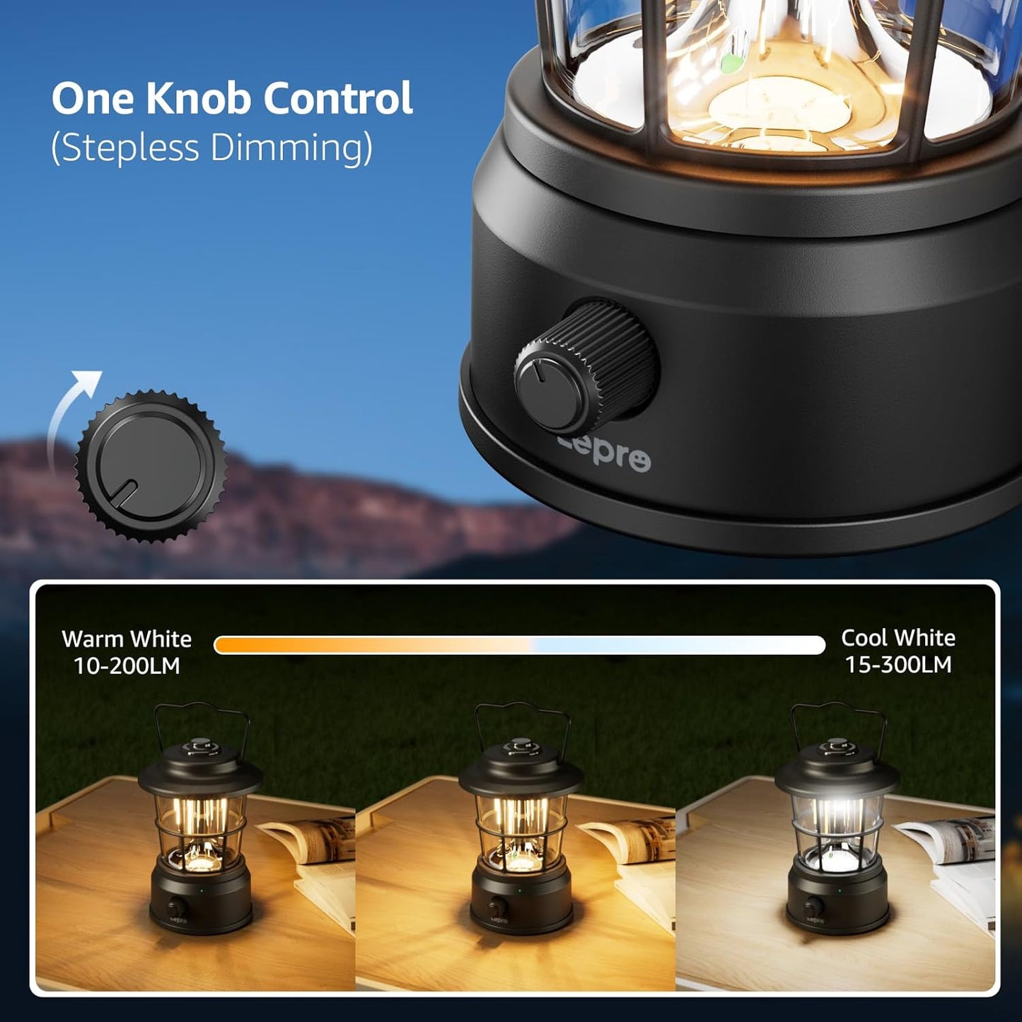 Lepro Rechargeable Camping Lantern, 300LM Retro Camping Tent Light with Knob Control, Dimmable Warm & Cool White, Type-C Charging, 3600mAh Portable Hanging Lamp for Power Cuts, Garden, Fishing, Black