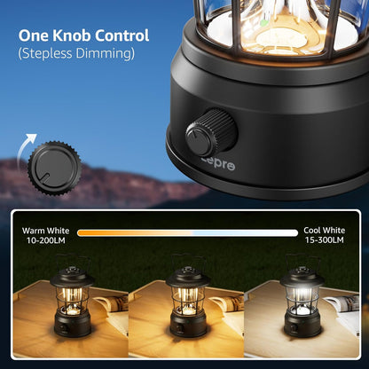 Lepro Rechargeable Camping Lantern, 300LM Retro Camping Tent Light with Knob Control, Dimmable Warm & Cool White, Type-C Charging, 3600mAh Portable Hanging Lamp for Power Cuts, Garden, Fishing, Black