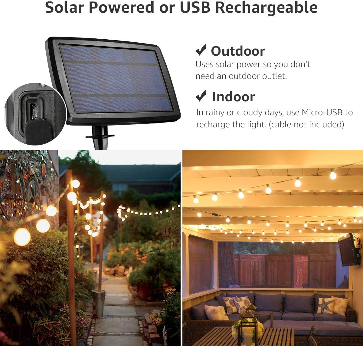 LE Solar String Lights Outdoor, 25ft Solar Festoon Lights Outdoor with 25 G40 LED Bulbs, Waterproof Bulb Fairy String Lights with 4 Light Modes for Garden, Gazebo, Patio, Pergola, Party and More