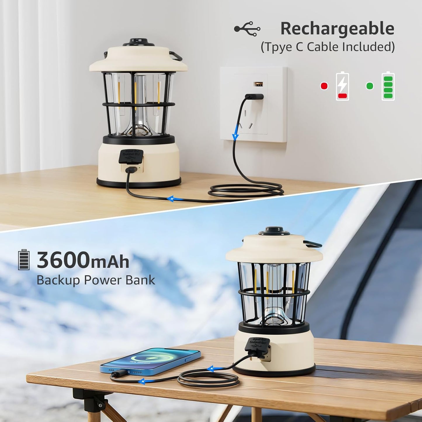 Lepro Rechargeable Camping Lantern, 300LM Retro Camping Tent Light with Knob Control, Dimmable Warm & Cool White, Type-C Charging, 3600mAh Portable Hanging Lamp for Power Cuts, Garden, Fishing, White