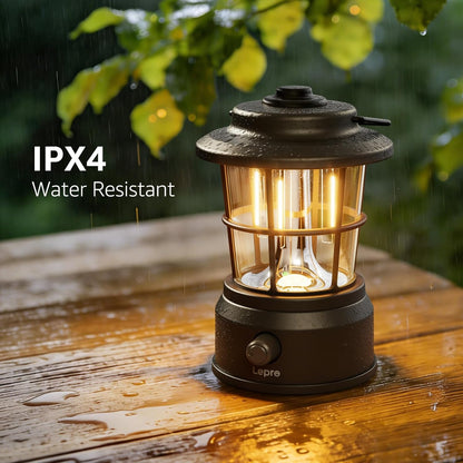 Lepro Rechargeable Camping Lantern, 300LM Retro Camping Tent Light with Knob Control, Dimmable Warm & Cool White, Type-C Charging, 3600mAh Portable Hanging Lamp for Power Cuts, Garden, Fishing, Black