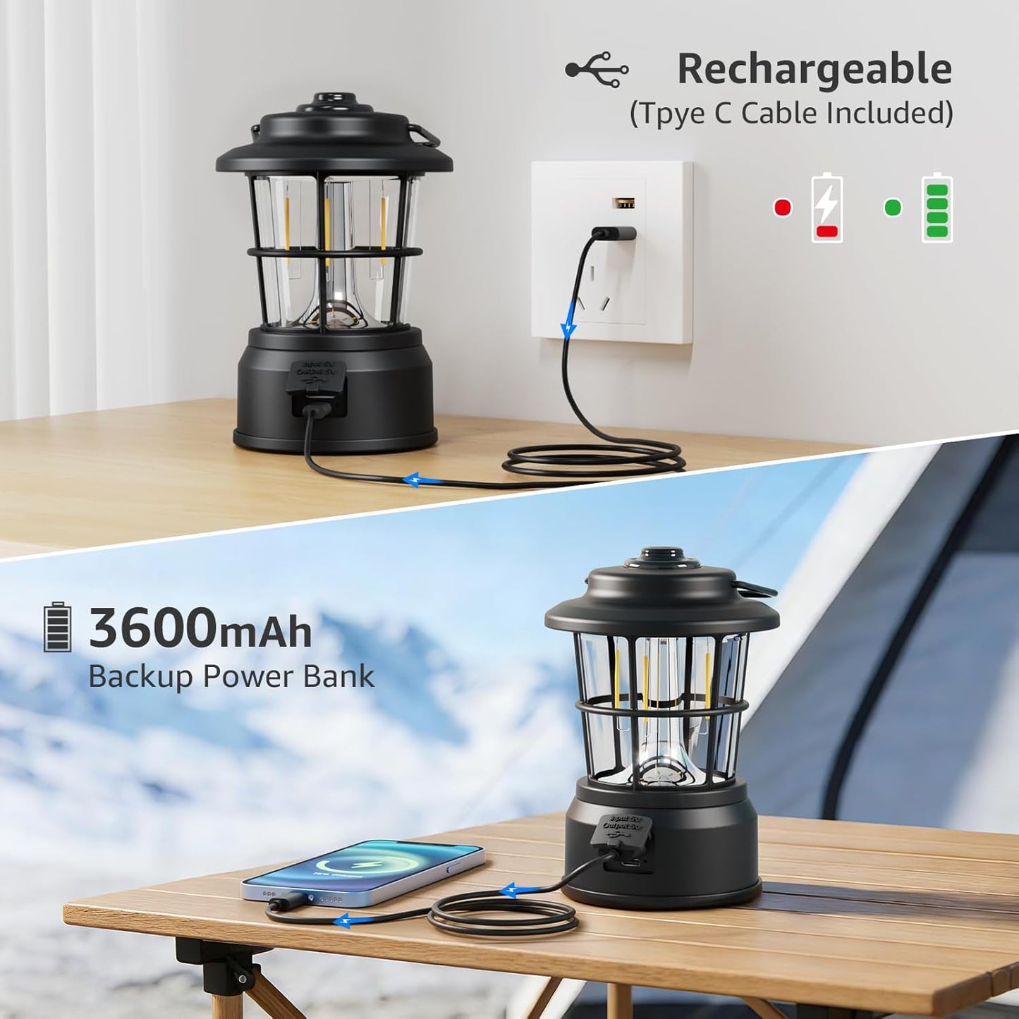 Lepro Rechargeable Camping Lantern, 300LM Retro Camping Tent Light with Knob Control, Dimmable Warm & Cool White, Type-C Charging, 3600mAh Portable Hanging Lamp for Power Cuts, Garden, Fishing, Black